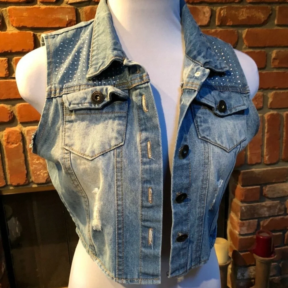 Light Blue Destroyed Cropped Jean Vest Top